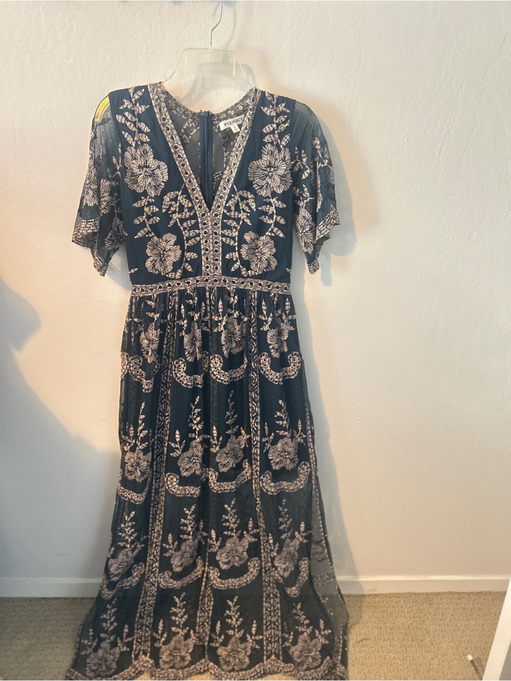 Embroidered Navy Floral Maxi Dress - M